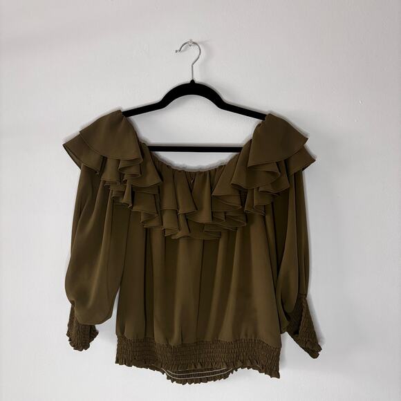 MISA Los Angeles Women’s Ruffle Off Shoulder Blouse Olive Green Size Small - Picture 12 of 16